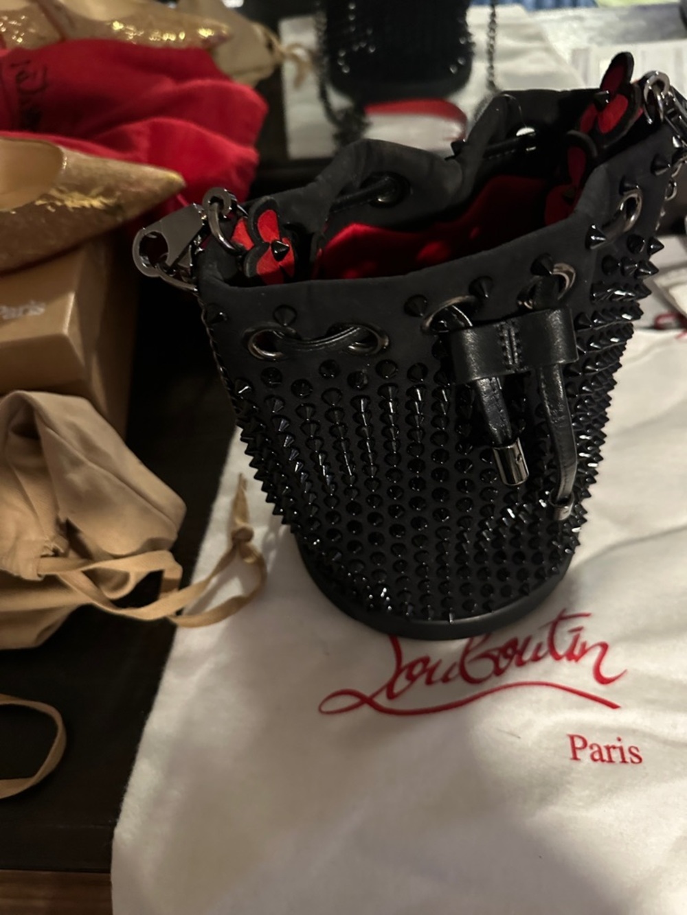 Christian Louboutin Black and Red Studded Drawstring Bucket Bag